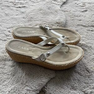 Prada White and Tan Espadrille Wedge Sandals